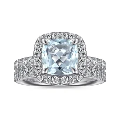 Discount Gabriel & Co. Dua - 14K White Gold Cushion Halo Round Aquamarine and Diamond Engagement Ring