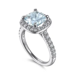 Discount Gabriel & Co. Dua - 14K White Gold Cushion Halo Round Aquamarine and Diamond Engagement Ring