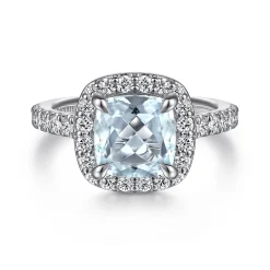 Discount Gabriel & Co. Dua - 14K White Gold Cushion Halo Round Aquamarine and Diamond Engagement Ring