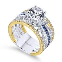 New Gabriel & Co. Efron - 14K White-Yellow Gold Round Halo Sapphire and Diamond Channel Set Engagement Ring