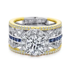 New Gabriel & Co. Efron - 14K White-Yellow Gold Round Halo Sapphire and Diamond Channel Set Engagement Ring