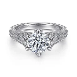 Sale Gabriel & Co. Elanie - Vintage Inspired 14K White Gold Round Diamond Engagement Ring
