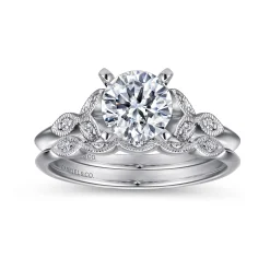 Best Gabriel & Co. Eliza - Vintage Inspired 14K White Gold Split Shank Round Diamond Engagement Ring