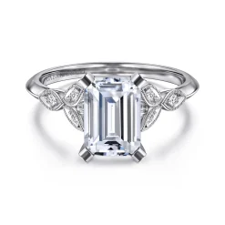Discount Gabriel & Co. Eliza - Vintage Inspired 14K White Gold Split Shank Emerald Cut Diamond Engagement Ring