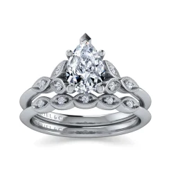 New Gabriel & Co. Eliza - Vintage Inspired 14K White Gold Split Shank Pear Shape Diamond Engagement Ring