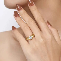 Sale Gabriel & Co. Elza - 14K Yellow Gold Bezel Prong Wide Band Round Diamond Engagement Ring