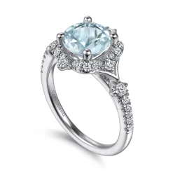 New Gabriel & Co. Emersyn - Vintage Inspired 14K White Gold Aquamarine and Diamond Halo Engagement Ring