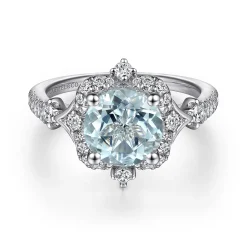 New Gabriel & Co. Emersyn - Vintage Inspired 14K White Gold Aquamarine and Diamond Halo Engagement Ring
