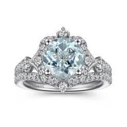 New Gabriel & Co. Emersyn - Vintage Inspired 14K White Gold Aquamarine and Diamond Halo Engagement Ring
