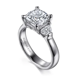 New Gabriel & Co. Emme - 18K White Gold Cushion Cut Three Stone Diamond Engagement Ring