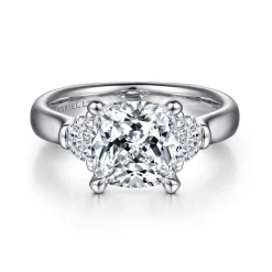 New Gabriel & Co. Emme - 18K White Gold Cushion Cut Three Stone Diamond Engagement Ring