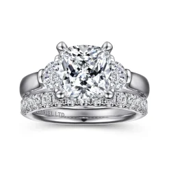 New Gabriel & Co. Emme - 18K White Gold Cushion Cut Three Stone Diamond Engagement Ring
