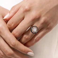 Sale Gabriel & Co. Enamel - 14K White Gold Diamond StarBurst Signet Ring with Black Enamel