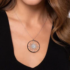 New Gabriel & Co. Enamel - 14K White Gold Diamond Starburst Pendant Necklace with Black Enamel