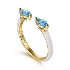 Best Gabriel & Co. Enamel - 14K Yellow Gold Blue Topaz Open Stackable with White Enamel