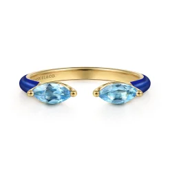 Hot Gabriel & Co. Enamel - 14K Yellow Gold Blue Topaz Open Stackable with Chrome Blue Enamel