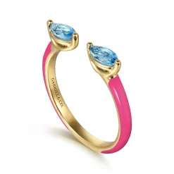 Best Gabriel & Co. Enamel - 14K Yellow Gold Blue Topaz Open Stackable with Fuchsia Enamel