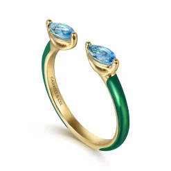 Best Gabriel & Co. Enamel - 14K Yellow Gold Blue Topaz Open Stackable with Chrome Green Enamel