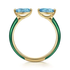 Best Gabriel & Co. Enamel - 14K Yellow Gold Blue Topaz Open Stackable with Chrome Green Enamel