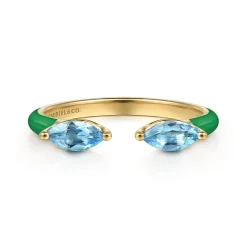 Gabriel & Co. Enamel - 14K Yellow Gold Blue Topaz Open Stackable with Emerald Green Enamel