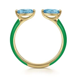 Gabriel & Co. Enamel - 14K Yellow Gold Blue Topaz Open Stackable with Emerald Green Enamel