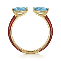 Sale Gabriel & Co. Enamel - 14K Yellow Gold Blue Topaz Open Stackable with Chrome Red Enamel