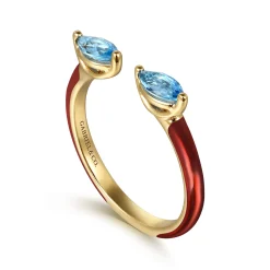 Sale Gabriel & Co. Enamel - 14K Yellow Gold Blue Topaz Open Stackable with Chrome Red Enamel