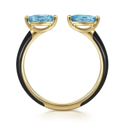 Sale Gabriel & Co. Enamel - 14K Yellow Gold Blue Topaz Open Stackable with Black Enamel