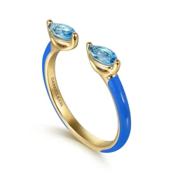 Hot Gabriel & Co. Enamel - 14K Yellow Gold Blue Topaz Open Stackable with Blue Enamel