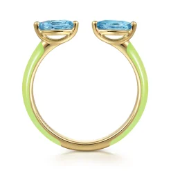 New Gabriel & Co. Enamel - 14K Yellow Gold Blue Topaz Open Stackable with Neon Yellow Enamel