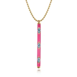 New Gabriel & Co. Enamel - 14K Yellow Gold Blue Topaz Bar Necklace with Fuchsia Enamel