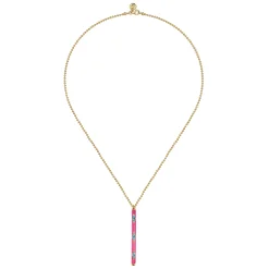 New Gabriel & Co. Enamel - 14K Yellow Gold Blue Topaz Bar Necklace with Fuchsia Enamel