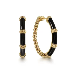 Outlet Gabriel & Co. Enamel - 14K Yellow Gold Bujukan Beads and Bar Split Classic Hoop with Black Enamel