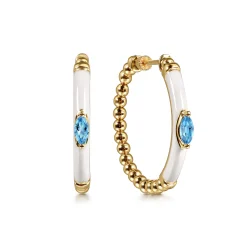 New Gabriel & Co. Enamel - 14K Yellow Gold Bujukan Beads and Blue Topaz Classic Hoop Earrings with White Enamel