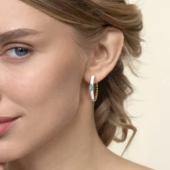 New Gabriel & Co. Enamel - 14K Yellow Gold Bujukan Beads and Blue Topaz Classic Hoop Earrings with White Enamel