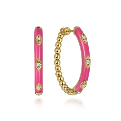 Hot Gabriel & Co. Enamel - 14K Yellow Gold Bujukan Beads and Diamond Split Classic Hoop with Fuchsia Enamel