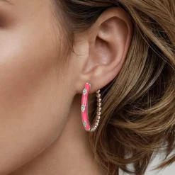 Hot Gabriel & Co. Enamel - 14K Yellow Gold Bujukan Beads and Diamond Split Classic Hoop with Fuchsia Enamel