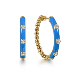 Online Gabriel & Co. Enamel - 14K Yellow Gold Bujukan Beads and Diamond Split Classic Hoop with Blue Enamel