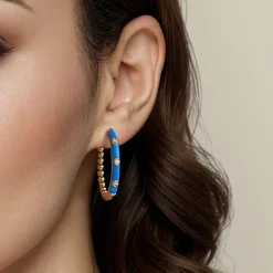 Online Gabriel & Co. Enamel - 14K Yellow Gold Bujukan Beads and Diamond Split Classic Hoop with Blue Enamel