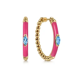 Gabriel & Co. Enamel - 14K Yellow Gold Bujukan Beads and Blue Topaz Classic Hoop Earrings with Fuchsia Enamel