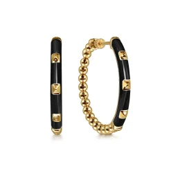 Discount Gabriel & Co. Enamel - 14K Yellow Gold Bujukan Beads Classic Hoop Pyramid Earrings with Black Enamel