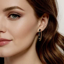 Discount Gabriel & Co. Enamel - 14K Yellow Gold Bujukan Beads Classic Hoop Pyramid Earrings with Black Enamel