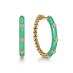 Best Gabriel & Co. Enamel - 14K Yellow Gold Bujukan Beads and Diamond Split Classic Hoop with Mint Green Enamel