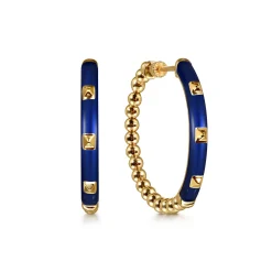 Sale Gabriel & Co. Enamel - 14K Yellow Gold Bujukan Beads Classic Hoop Pyramid Earrings with Chrome Blue Enamel