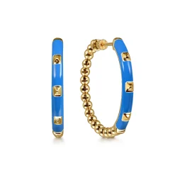 Gabriel & Co. Enamel - 14K Yellow Gold Bujukan Beads Classic Hoop Pyramid Earrings with Blue Enamel