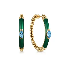 Hot Gabriel & Co. Enamel - 14K Yellow Gold Bujukan Beads and Blue Topaz Classic Hoop Earrings with Chrome Green Enamel