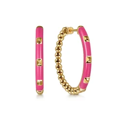 Sale Gabriel & Co. Enamel - 14K Yellow Gold Bujukan Beads Classic Hoop Pyramid Earrings with Fuchsia Enamel