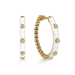 Online Gabriel & Co. Enamel - 14K Yellow Gold Bujukan Beads and Diamond Split Classic Hoop with White Enamel