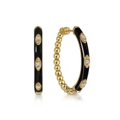Best Gabriel & Co. Enamel - 14K Yellow Gold Bujukan Beads and Diamond Split Classic Hoop with Black Enamel