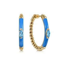 Discount Gabriel & Co. Enamel - 14K Yellow Gold Bujukan Beads and Blue Topaz Classic Hoop Earrings with Blue Enamel